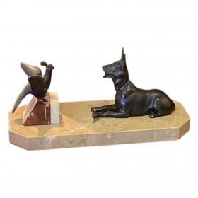 1920年代法国制 装饰艺术风格 铜雕 牧羊犬与鸟 大理石底座