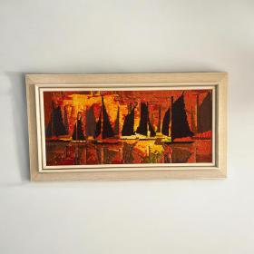 迷幻风格帆船日落刺绣画 - 20世纪60年代。令人愉悦的配色，中古世纪风格的亮点。