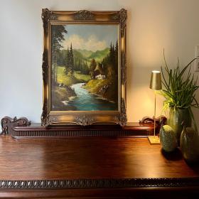 传统油画，阿尔卑斯山风情，巴伐利亚风格，华丽画框