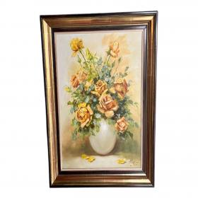 中世纪签名油画，黄色玫瑰。 20世纪50年代至1960年代的经典乡村别墅风格图片。