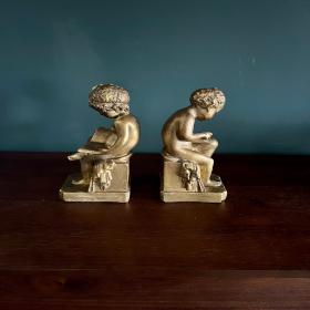 复古小天使书挡：手工浇铸彩绘，约1940年，带签名及编号