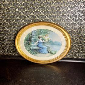 1930年代复古艺术版画，采用经典木制框架，饰有金箔